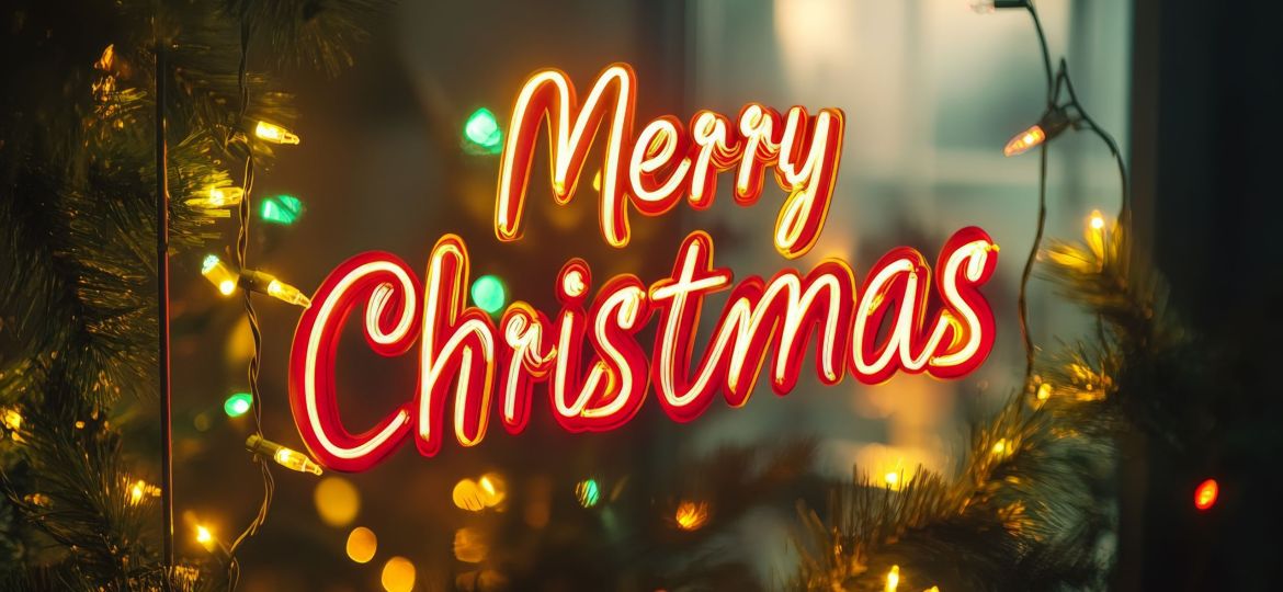 A vibrant neon 'Merry Christmas' sign shines brightly among colorful tree lights, capturing the lively spirit and excitement of the holiday season.
